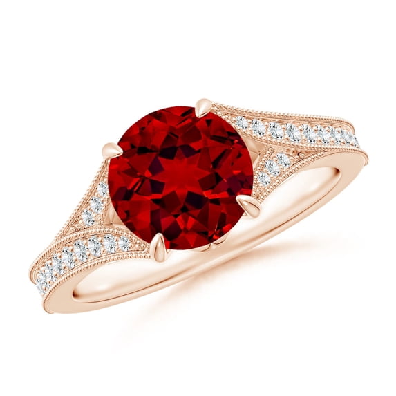 ANGARA Lab Grown 2.1 Ct Vintage Inspired Round Ruby Split Shank Engagement Ring for Women in 14K Rose Gold (Size-8mm) | July Birthstone, Anniversary, Jewelry Gift for Women | Lab-Grown Ruby Ring