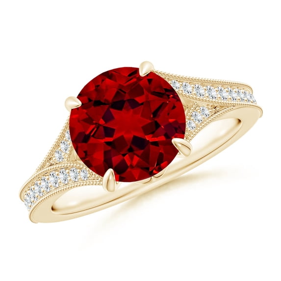 ANGARA Lab Grown 3.57 Ct Vintage Inspired Round Ruby Split Shank Engagement Ring for Women in 14K Yellow Gold (Size-9mm) | July Birthstone, Anniversary, Jewelry Gift for Women | Lab-Grown Ruby Ring