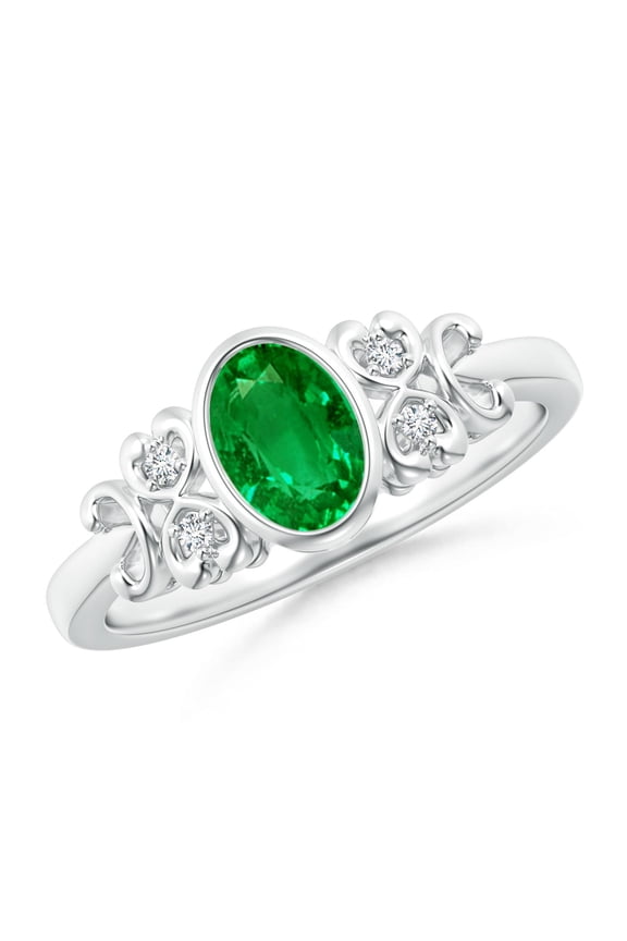 Lab Grown Vintage Style Bezel-Set Oval Emerald Ring with Diamonds for Women in 14K White Gold (Size-7x5mm) | May Birthstone, Anniversary, Jewelry Gift for Women | Lab-Grown Emerald Ring