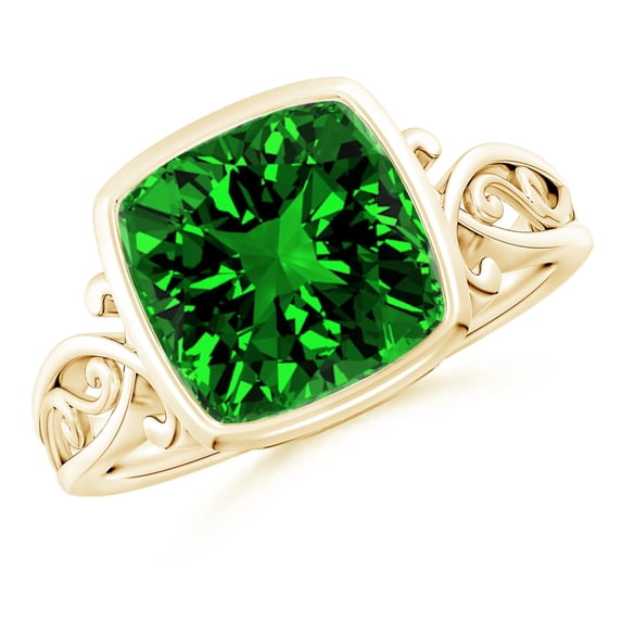 ANGARA Vintage Style Cushion Lab Grown 3 Ct Emerald Solitaire Engagement Ring for Women in 14K Yellow Gold (Size-9mm) | May Birthstone, Anniversary, Jewelry Gift for Women | Lab-Grown Emerald Ring