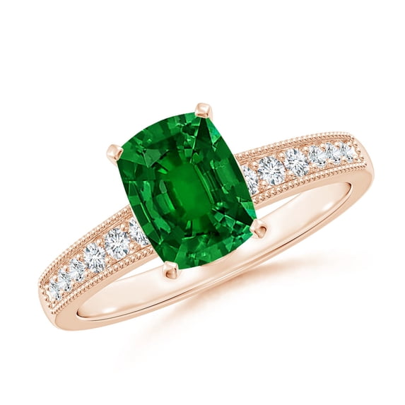 ANGARA Lab Grown Vintage Style Cushion Rectangular Emerald Engagement Ring in 14K Rose Gold for Women (Size-8x6mm) | May Birthstone, Anniversary, Jewelry Gift for Women | Lab Grown Emerald Ring