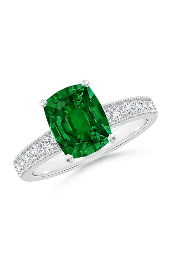 Lab Grown Vintage Style Cushion Rectangular Emerald Engagement Ring for Women in 14K White Gold (Size-9x7mm) | May Birthstone, Anniversary, Jewelry Gift for Women | Lab-Grown Emerald Ring