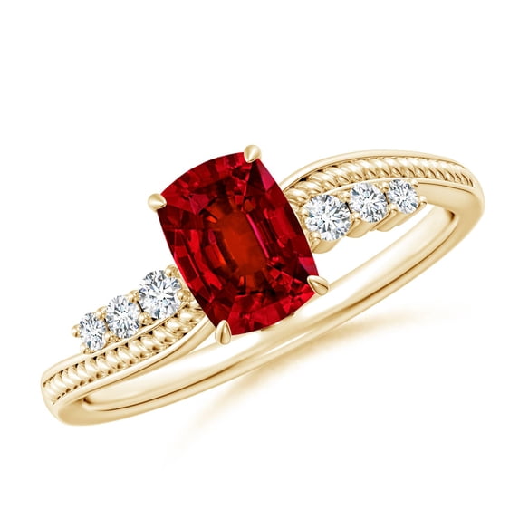 ANGARA Lab Grown Cushion Rectangular Ruby Bypass Shank Engagement Ring in 14K Yellow Gold for Women (Size-7x5mm) | July Birthstone, Anniversary, Jewelry Gift for Women | Lab Grown Ruby Ring