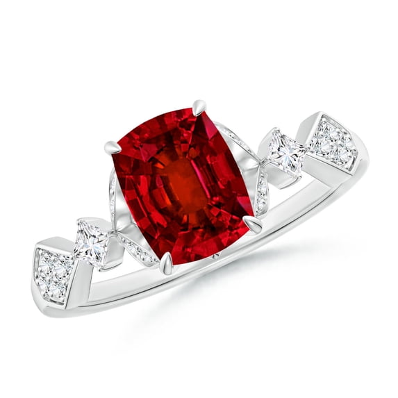 ANGARA Lab Grown Cushion Rectangular Ruby Engagement Ring with Leaf Motifs for Women in 14K White Gold (Size-8x6mm) | July Birthstone, Anniversary, Jewelry Gift for Women | Lab-Grown Ruby Ring