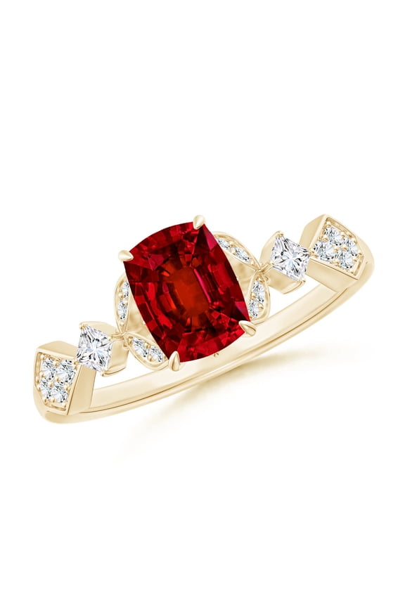 Lab Grown Cushion Rectangular Ruby Engagement Ring with Leaf Motifs in 14K Yellow Gold for Women (Size-7x5mm) | July Birthstone, Anniversary, Jewelry Gift for Women | Lab Grown Ruby Ring