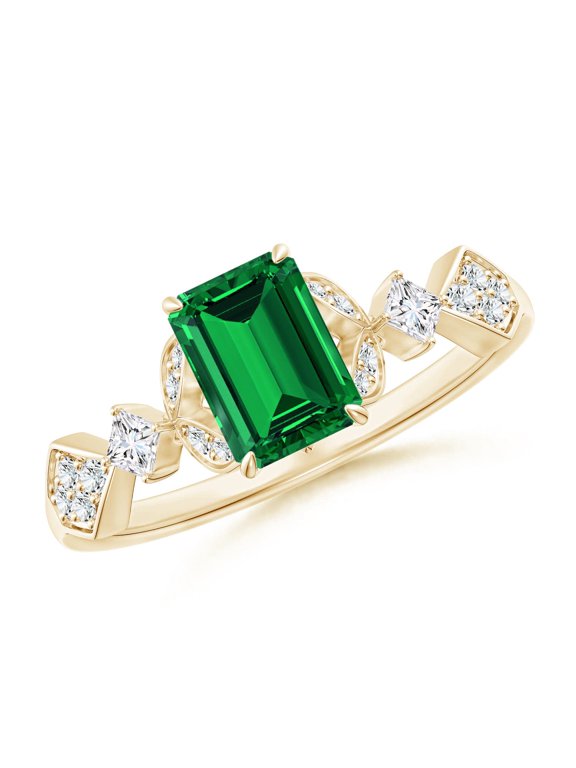 Lab Grown 1 Ct Vintage Style Emerald Engagement Ring with Leaf Motifs for Women in 14K Yellow Gold (Size-7x5mm) | May Birthstone, Anniversary, Jewelry Gift for Women | Lab-Grown Emerald Ring
