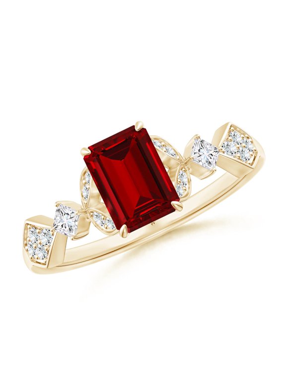 Lab Grown 1 Ct Vintage Style Ruby Engagement Ring with Leaf Motifs for Women in 14K Yellow Gold (Size-7x5mm) | July Birthstone, Anniversary, Jewelry Gift for Women | Lab-Grown Ruby Ring