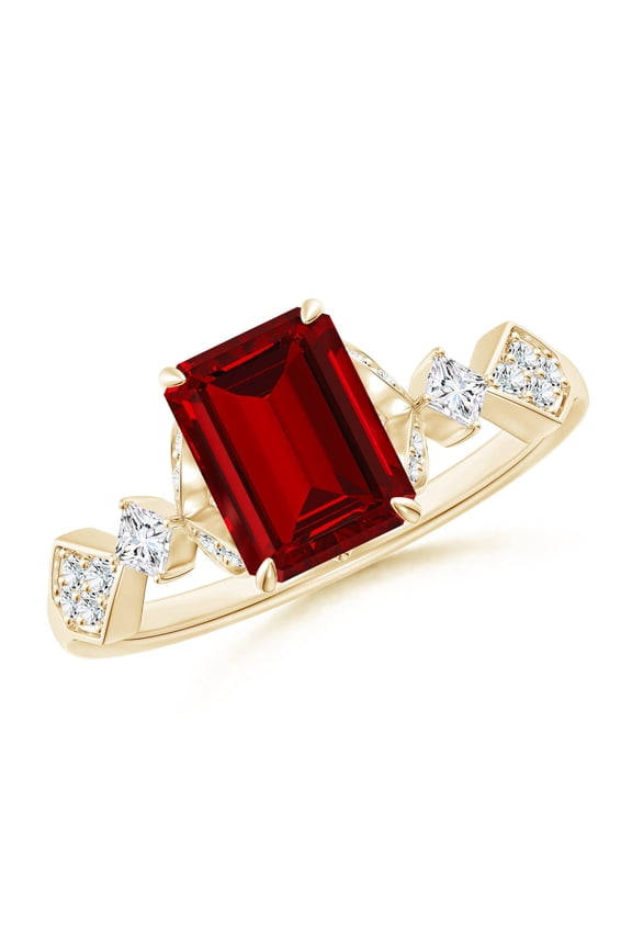 Lab Grown 1.6 Ct Vintage Style Ruby Engagement Ring with Leaf Motifs for Women in 14K Yellow Gold (Size-8x6mm) | July Birthstone, Anniversary, Jewelry Gift for Women | Lab-Grown Ruby Ring