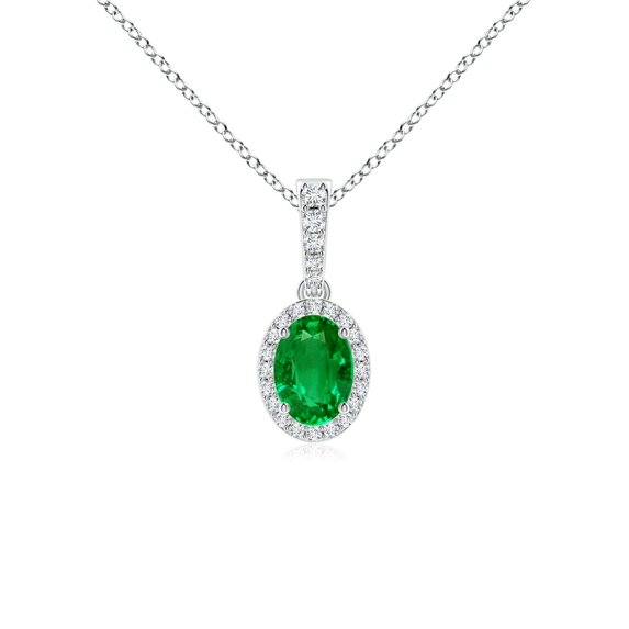 ANGARA Lab Grown Vintage Style Oval Emerald Halo Pendant for Women in 14K White Gold (Size-7x5mm) | May Birthstone, Birthday, Anniversary, Jewelry Gift for Women | Lab-Grown Emerald Necklace