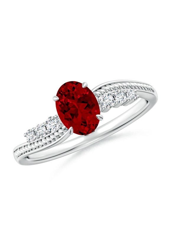 Lab Grown Vintage Style Oval Ruby Bypass Shank Engagement Ring for Women in 14K White Gold (Size-7x5mm) | July Birthstone Jewelry for Her | Lab-Grown Ruby Engagement Rings