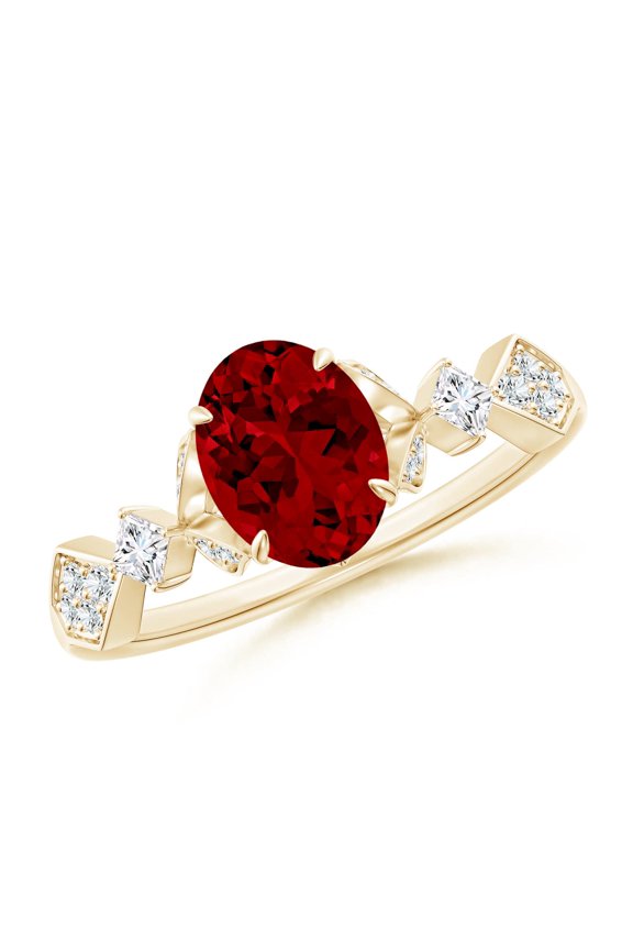 Lab Grown Vintage Style Oval Ruby Engagement Ring with Leaf Motifs for Women in 14K Yellow Gold (Size-8x6mm) | July Birthstone Jewelry for Her | Lab-Grown Ruby Engagement Rings