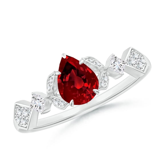 ANGARA Lab Grown Vintage Style Pear Ruby Engagement Ring with Leaf Motifs for Women in 14K White Gold (Size-7x5mm) | July Birthstone, Anniversary, Jewelry Gift for Women | Lab-Grown Ruby Ring