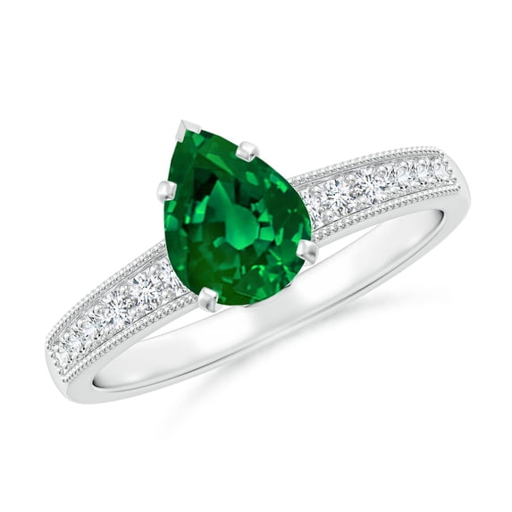 ANGARA Lab Grown Vintage Style Pear-Shaped Emerald Engagement Ring with Accents for Women in 14K White Gold (Size-8x6mm) | May Birthstone, Anniversary, Jewelry Gift for Women | Lab-Grown Emerald Ring