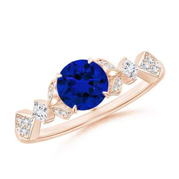 ANGARA Lab Grown 1 Ct Blue Sapphire Engagement Ring with Leaf Motifs for Women in 14K Rose Gold (Size-6mm) | September Birthstone, Anniversary, Jewelry Gift for Women | Lab-Grown Blue Sapphire Ring