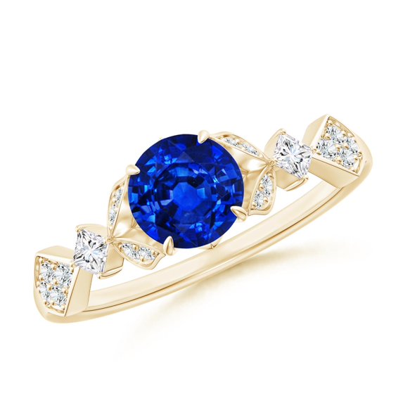 ANGARA Lab Grown 1 Ct Blue Sapphire Engagement Ring with Leaf Motifs for Women in 14K Yellow Gold (Size-6mm) | September Birthstone, Anniversary, Jewelry Gift for Women | Lab-Grown Blue Sapphire Ring
