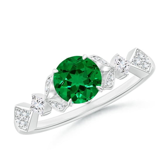 ANGARA Lab Grown Vintage Style Round Emerald Engagement Ring with Leaf Motifs for Women in 14K White Gold (Size-6mm) | May Birthstone, Anniversary, Jewelry Gift for Women | Lab-Grown Emerald Ring