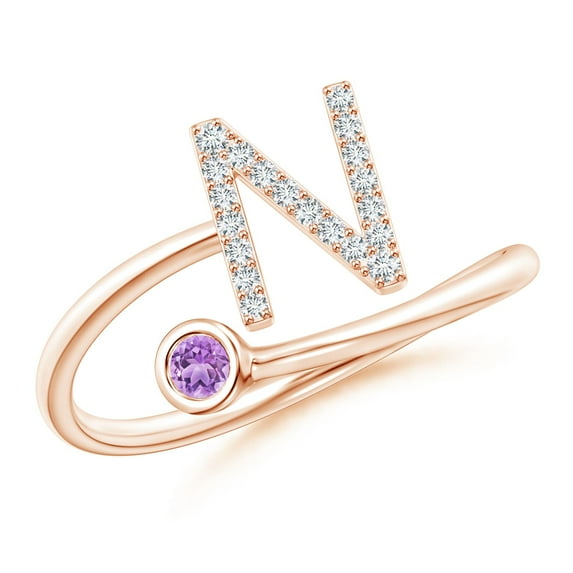 ANGARA Natural Capital "N" Diamond Initial Ring with Bezel-Set Amethyst in 14K Rose Gold for Women (Size-2.5mm) | February Birthstone, Anniversary, Jewelry Gift for Women | Natural Amethyst Ring