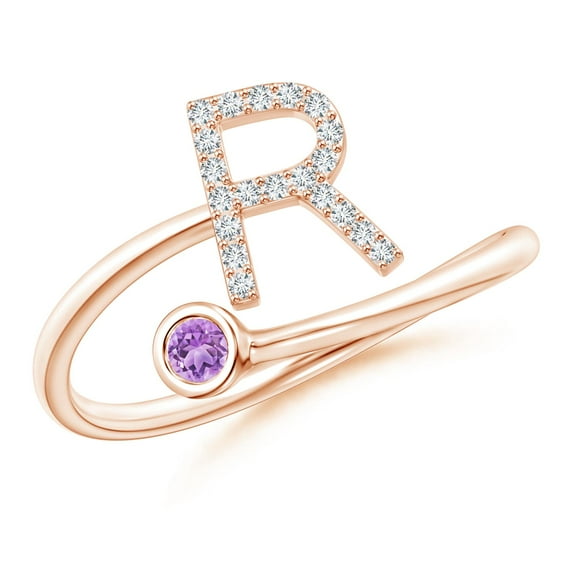 ANGARA Natural Capital "R" Diamond Initial Ring with Bezel-Set Amethyst in 14K Rose Gold for Women (Size-2.5mm) | February Birthstone, Anniversary, Jewelry Gift for Women | Natural Amethyst Ring