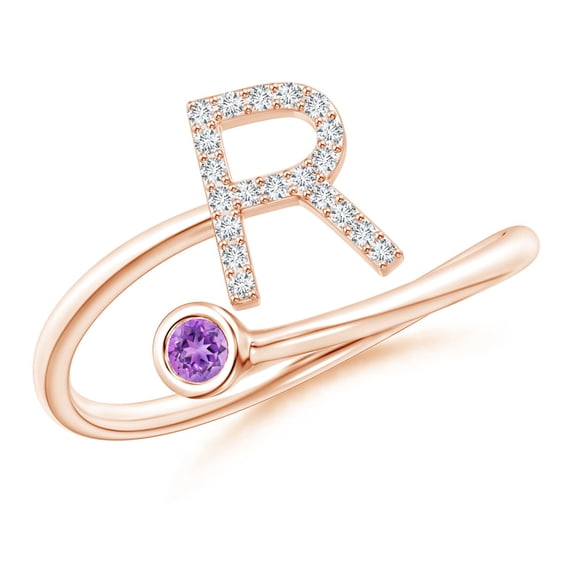 ANGARA Natural Capital "R" Diamond Initial Ring with Bezel-Set Amethyst in 14K Rose Gold for Women (Size-2.5mm) | February Birthstone, Anniversary, Jewelry Gift for Women | Natural Amethyst Ring
