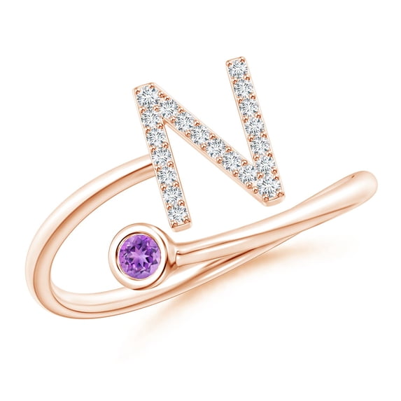 ANGARA Natural Capital "N" Diamond Initial Ring with Bezel-Set Amethyst in 14K Rose Gold for Women (Size-2.5mm) | February Birthstone, Anniversary, Jewelry Gift for Women | Natural Amethyst Ring