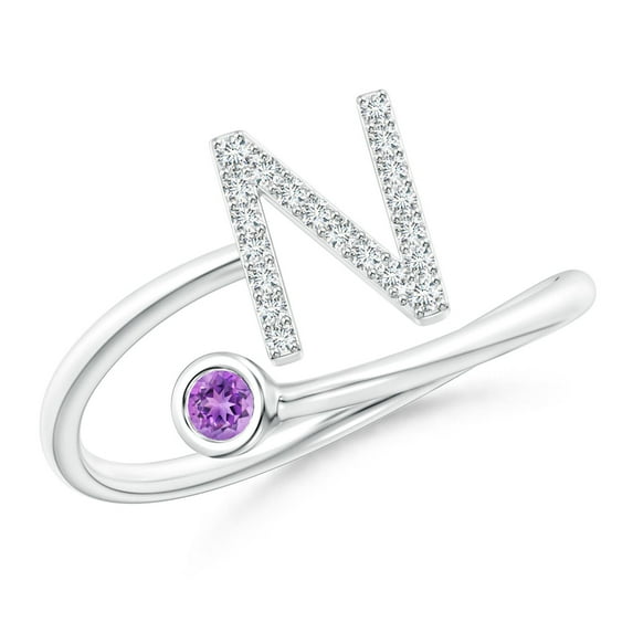 ANGARA Natural 0.06 Ct. Amethyst with Diamond Initials Ring in 14K White Gold for Women (Ring Size: 10.5)