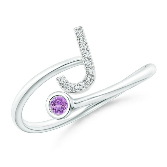 ANGARA Natural Capital "J" Diamond Initial Ring with Bezel-Set Amethyst in 14K White Gold for Women (Size-2.5mm) | February Birthstone, Anniversary, Jewelry Gift for Women | Natural Amethyst Ring