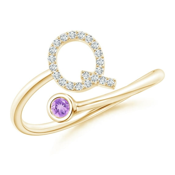 ANGARA Natural Capital "Q" Diamond Initial Ring with Bezel-Set Amethyst in 14K Yellow Gold for Women (Size-2.5mm) | February Birthstone, Anniversary, Jewelry Gift for Women | Natural Amethyst Ring