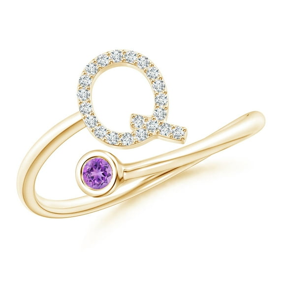 ANGARA Natural Capital "Q" Diamond Initial Ring with Bezel-Set Amethyst in 14K Yellow Gold for Women (Size-2.5mm) | February Birthstone, Anniversary, Jewelry Gift for Women | Natural Amethyst Ring