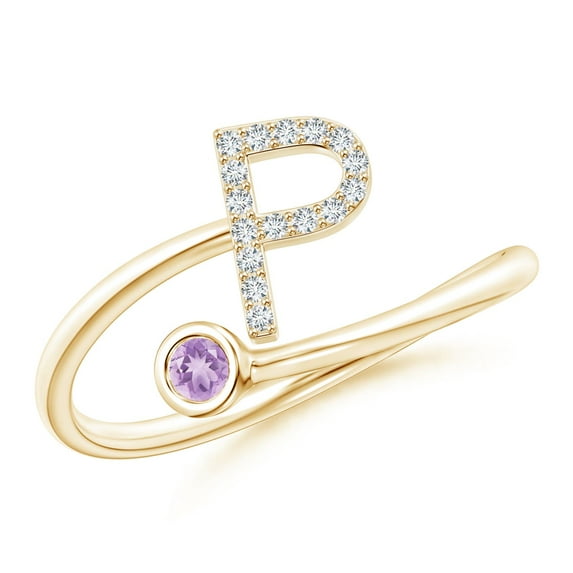 ANGARA Natural Capital "P" Diamond Initial Ring with Bezel-Set Amethyst in 14K Yellow Gold for Women (Size-2.5mm) | February Birthstone, Anniversary, Jewelry Gift for Women | Natural Amethyst Ring