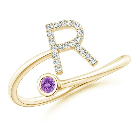 ANGARA Natural Capital "R" Diamond Initial Ring with Bezel-Set Amethyst in 14K Yellow Gold for Women (Size-2.5mm) | February Birthstone, Anniversary, Jewelry Gift for Women | Natural Amethyst Ring
