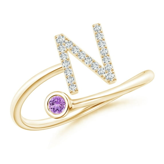 ANGARA Natural Capital "N" Diamond Initial Ring with Bezel-Set Amethyst in 14K Yellow Gold for Women (Size-2.5mm) | February Birthstone, Anniversary, Jewelry Gift for Women | Natural Amethyst Ring