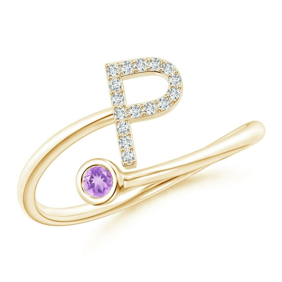 ANGARA Natural Capital "P" Diamond Initial Ring with Bezel-Set Amethyst in 14K Yellow Gold for Women (Size-2.5mm) | February Birthstone, Anniversary, Jewelry Gift for Women | Natural Amethyst Ring