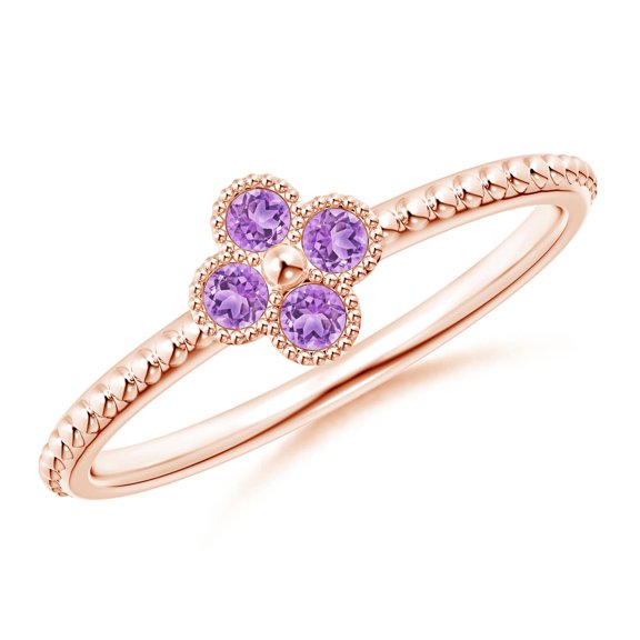 ANGARA Natural Amethyst Four Leaf Clover Ring with Beaded Shank in 14K Rose Gold for Women (Size-2mm) | February Birthstone, Birthday, Anniversary, Jewelry Gift for Women | Natural Amethyst Ring