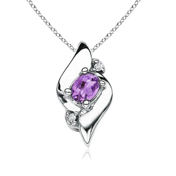 ANGARA Natural Shell Style Oval Amethyst and Diamond Pendant in 14K White Gold for Women (Size-4x3mm) | February Birthstone, Birthday, Anniversary, Jewelry Gift for Women | Natural Amethyst Necklace