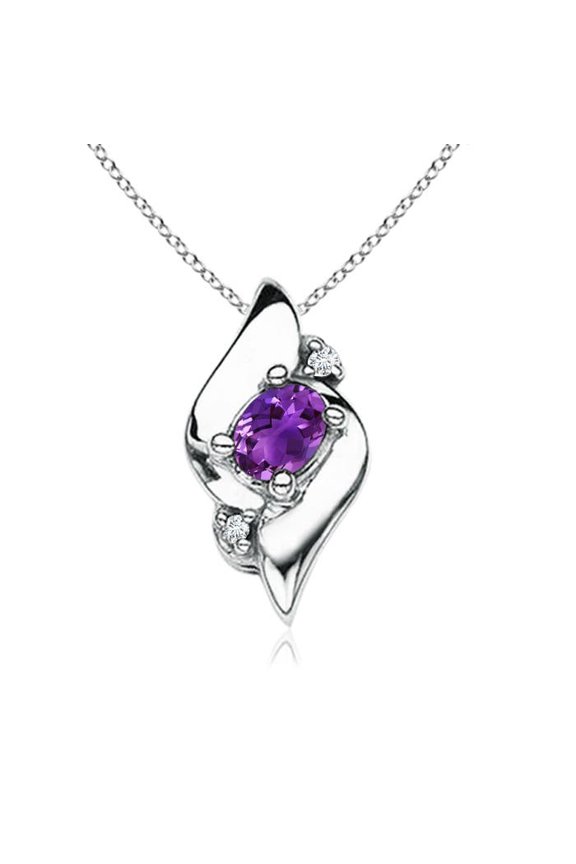 Natural Shell Style Oval Amethyst and Diamond Pendant in 925 Sterling Silver for Women (Size-4x3mm) | February Birthstone, Anniversary, Jewelry Gift for Women | Natural Amethyst Necklace