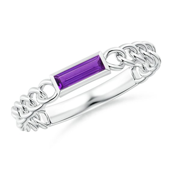 ANGARA Natural Bezel-Set Baguette Amethyst Solitaire Curb Link Ring in 14K White Gold for Women (Size-6x2mm) | February Birthstone, Anniversary, Jewelry Gift for Women | Natural Amethyst Ring