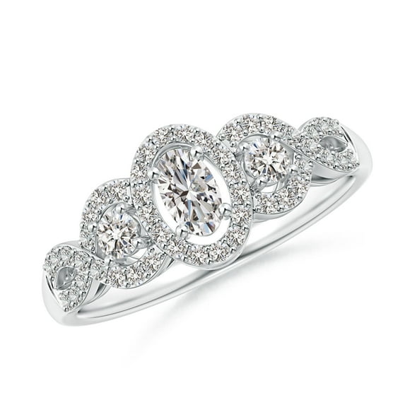 ANGARA Natural and Diamond Three Stone Ring with Halo in 14K White Gold for Women (Size-5x3mm| Color-I-J| Clarity-I1-I2) | April Birthstone, Anniversary, Jewelry Gift for Women | Natural Diamond Ring