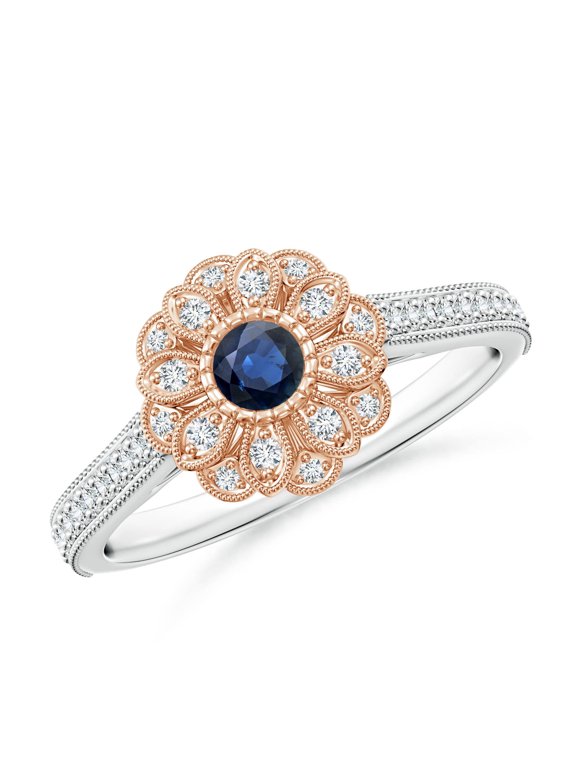 Natural Vintage Inspired Sapphire Floral Ring with Milgrain in 14K White & Rose Gold for Women (Size-3.5mm) | September Birthstone, Anniversary, Jewelry Gift for Women | Natural Sapphire Ring