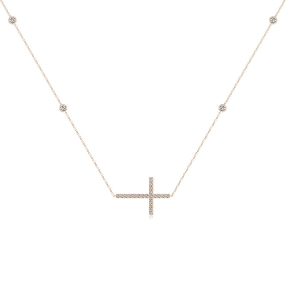 ANGARA Natural Diamond Sideways Cross Station Necklace in 14K Rose Gold for Women (Size-2.4mm| Color-K| Clarity-I3) | April Birthstone, Anniversary, Jewelry Gift for Women | Natural Diamond Necklace