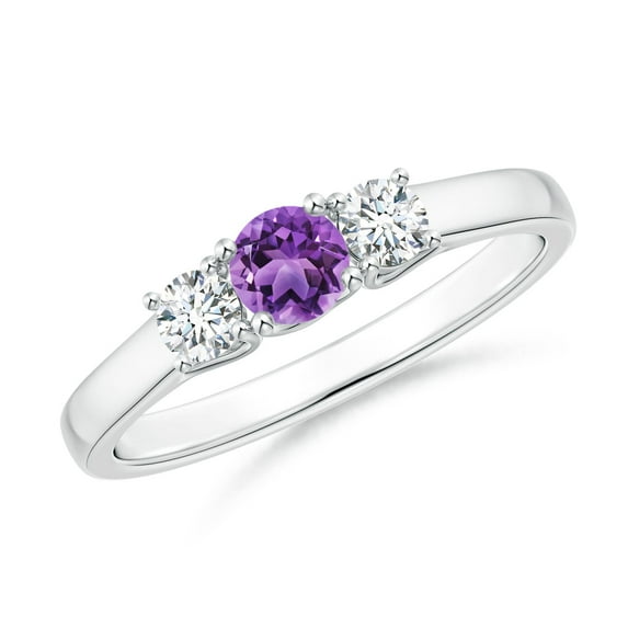 ANGARA Natural Classic Round Amethyst and Diamond Three Stone Ring in 14K White Gold for Women (Size-4mm) | February Birthstone, Birthday, Anniversary, Jewelry Gift for Women | Natural Amethyst Ring