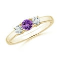thumbnail image 1 of ANGARA Natural Classic Round Amethyst and Diamond Three Stone Ring in 14K Yellow Gold for Women (Size-4mm) | February Birthstone, Birthday, Anniversary, Jewelry Gift for Women | Natural Amethyst Ring, 1 of 9