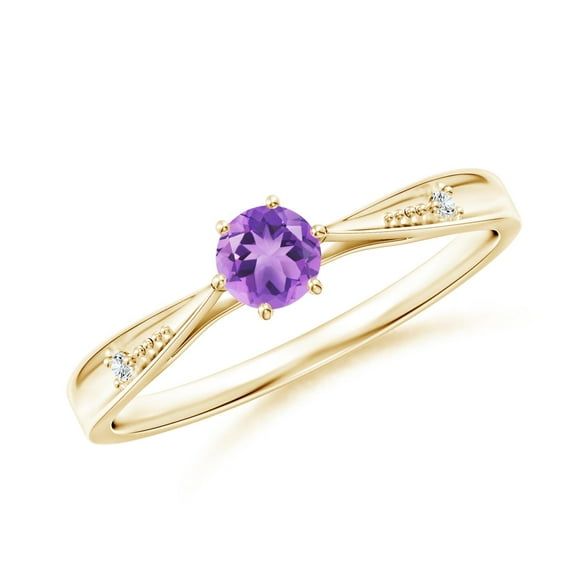 ANGARA Natural Tapered Shank Amethyst Solitaire Ring with Diamonds in 14K Yellow Gold for Women (Size-4mm) | February Birthstone, Birthday, Anniversary, Jewelry Gift for Women | Natural Amethyst Ring