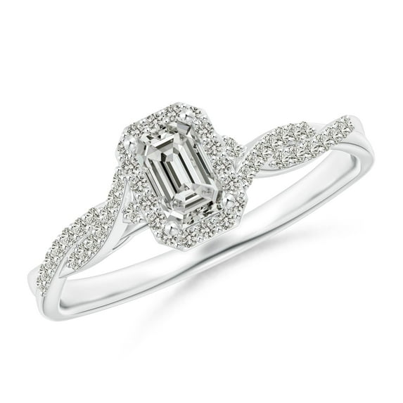 ANGARA Natural Emerald-Cut Diamond Halo Twisted Shank Ring in 14K White Gold for Women (Size-5x3mm| Color-K| Clarity-I3) | April Birthstone, Anniversary, Jewelry Gift for Women | Natural Diamond Ring