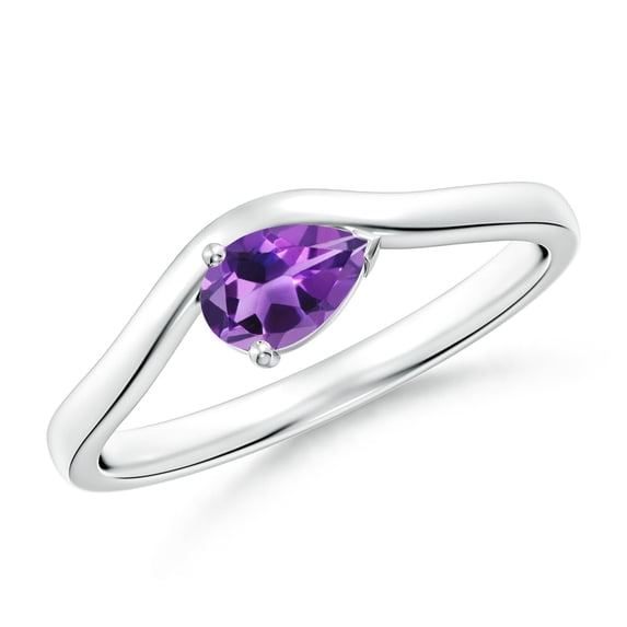 ANGARA Natural East-West Pear Amethyst Wave Shank Solitaire Ring in 14K White Gold for Women (Size-6x4mm) | February Birthstone, Birthday, Anniversary, Jewelry Gift for Women | Natural Amethyst Ring