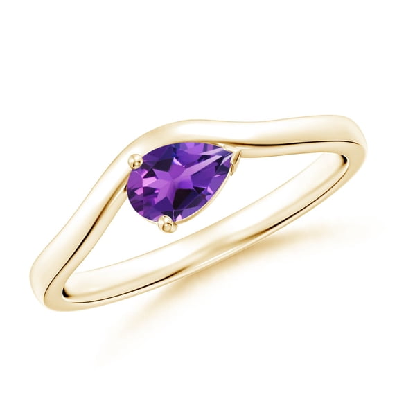 ANGARA Natural East-West Pear Amethyst Wave Shank Solitaire Ring in 14K Yellow Gold for Women (Size-6x4mm) | February Birthstone, Birthday, Anniversary, Jewelry Gift for Women | Natural Amethyst Ring