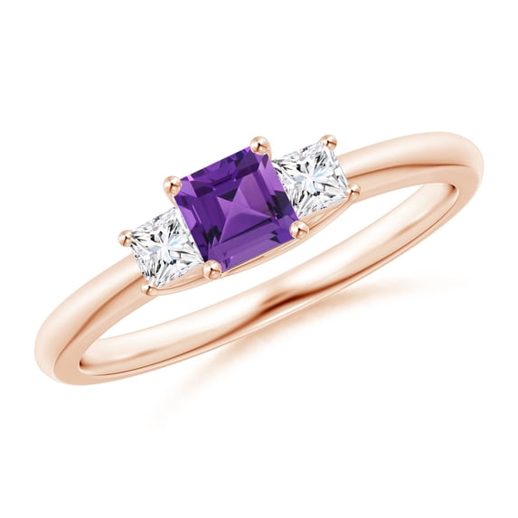 ANGARA Natural Square Amethyst and Princess Diamond Three Stone Ring in 14K Rose Gold for Women (Size-4mm) | February Birthstone, Birthday, Anniversary, Jewelry Gift for Women | Natural Amethyst Ring