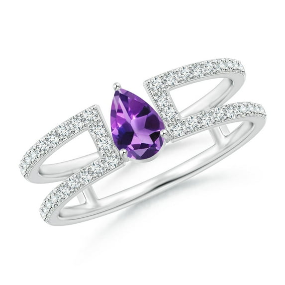 ANGARA Natural Pear Amethyst Parallel Split Shank Ring with Accents in 14K White Gold for Women (Size-6x4mm) | February Birthstone, Anniversary, Jewelry Gift for Women | Natural Amethyst Ring
