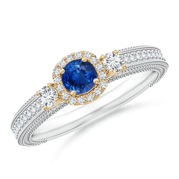 ANGARA Natural Vintage Inspired Sapphire Halo Ring with Filigree in 14K White & Yellow Gold for Women (Size-4mm) | September Birthstone, Anniversary, Jewelry Gift for Women | Natural Sapphire Ring