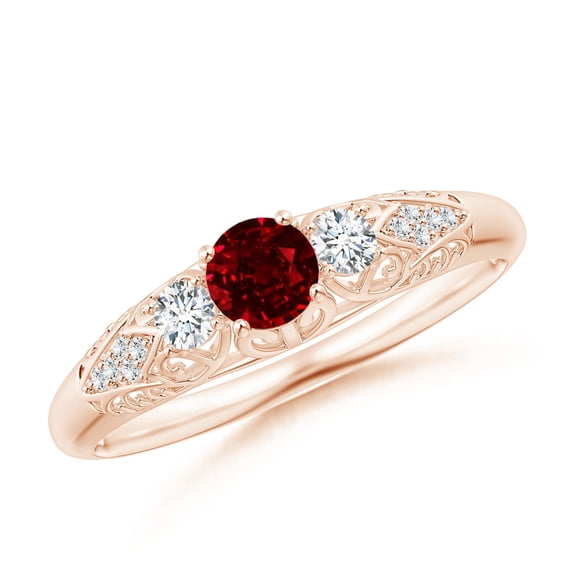 ANGARA Natural Aeon Vintage Style Ruby and Diamond Three Stone Engagement Ring in 14K Rose Gold for Women (Size-4mm) | July Birthstone, Anniversary, Jewelry Gift for Women | Natural Ruby Ring