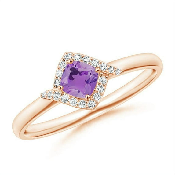 ANGARA Natural Cushion Amethyst and Diamond Halo Promise Ring in 14K Rose Gold for Women (Size-4mm) | February Birthstone, Birthday, Anniversary, Jewelry Gift for Women | Natural Amethyst Ring